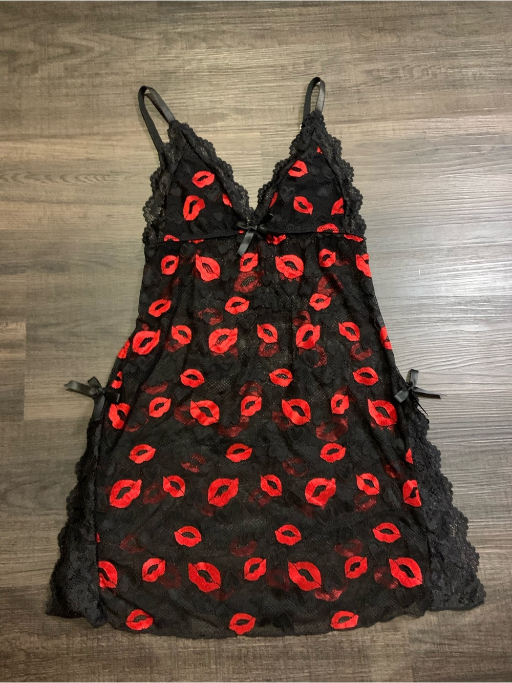 Black Lace Chemise with Red Lip Print